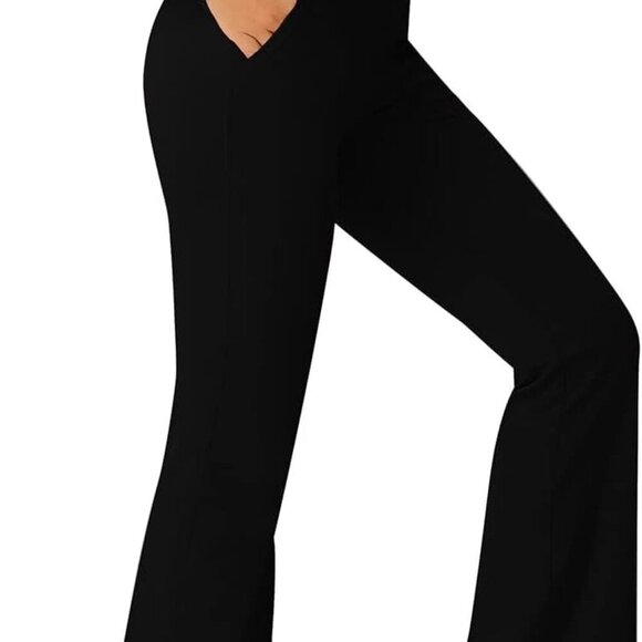 Women's Black High-Waisted Flare Yoga Pants with Pockets, 28-inch Inseam, Tummy - Picture 2 of 6